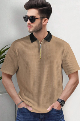 TRIPR Self Design Men Polo Neck Beige, Black T-Shirt