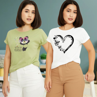 Kintu Parantu Graphic Print Women Round Neck Green, White T-Shirt