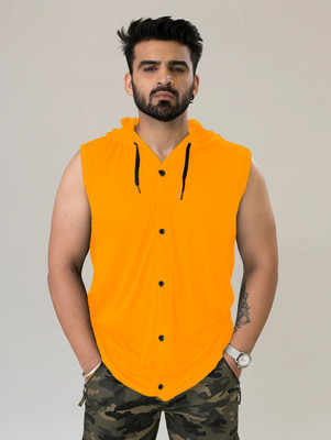 GEUM Solid Men Hooded Neck Yellow T-Shirt