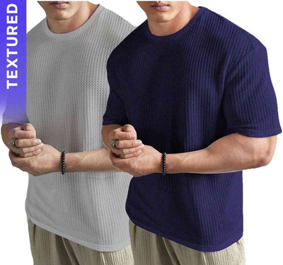 Butzke Self Design Men Navy Blue, Grey T-Shirt(Pack of 2)