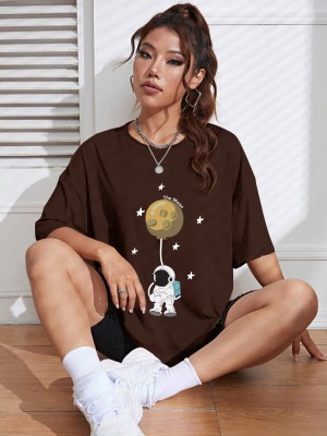 HouseOfCommon Printed Women Round Neck Brown T-Shirt