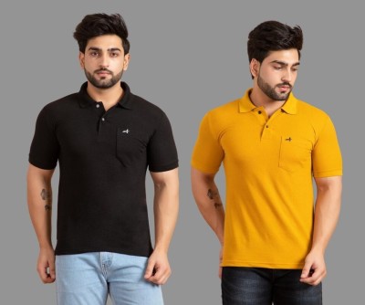 addiz Solid Men Polo Neck Black, Yellow T-Shirt