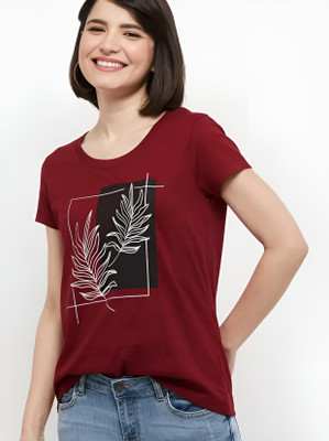 LIVAX COTTY Printed Women Round Neck Maroon T-Shirt