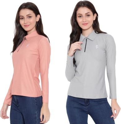 FASHA Solid Women Polo Neck Pink, Grey T-Shirt