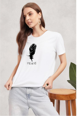 MACK JONNEY Printed Women Round Neck White T-Shirt