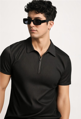 MACK JONNEY Self Design Men Polo Neck Black T-Shirt