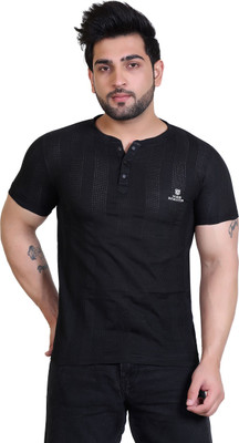 James Hamilton Self Design Men Henley Neck Black T-Shirt