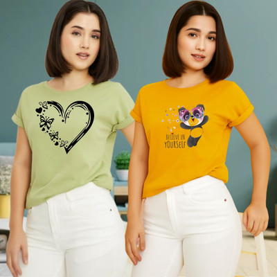 Kintu Parantu Printed Women Round Neck Green, Yellow T-Shirt