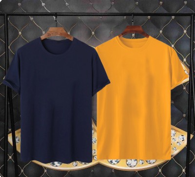 Try This Solid Men Round Neck Blue, Yellow T-Shirt