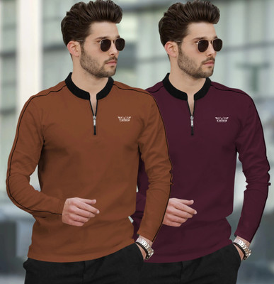 TRIPR Solid Men Mandarin Collar Multicolor T-Shirt
