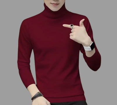 TEEMEX Solid Men High Neck Maroon T-Shirt