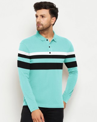 HouseOfCommon Striped Men Polo Neck Light Blue T-Shirt