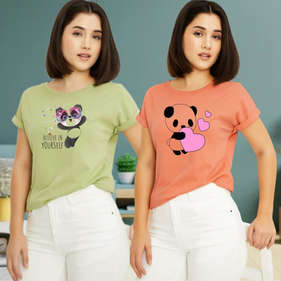Kintu Parantu Printed Women Round Neck Green, Pink T-Shirt