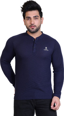 James Hamilton Self Design Men Mandarin Collar Dark Blue T-Shirt