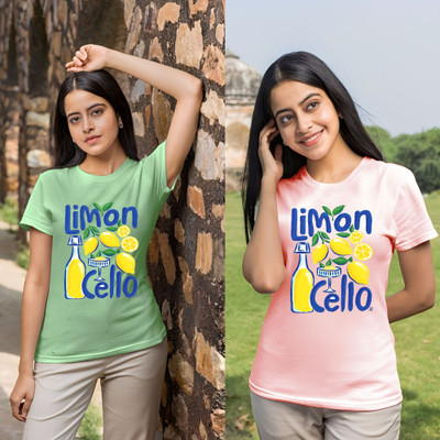 Lecowar Printed Women Round Neck Green, Pink T-Shirt