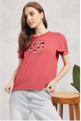 MACK JONNEY Printed Women Round Neck Pink T-Shirt