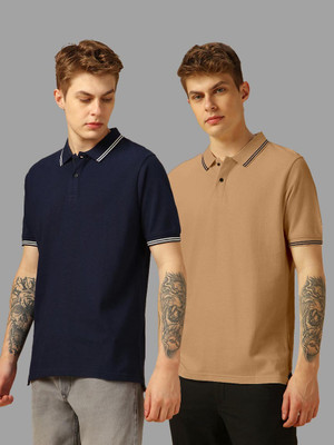 TIGERSNAKE Solid Men Polo Neck Dark Blue, Brown T-Shirt