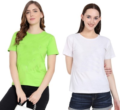 DEEPMAYRA COLLECTION Solid Women Round Neck Light Green, White T-Shirt