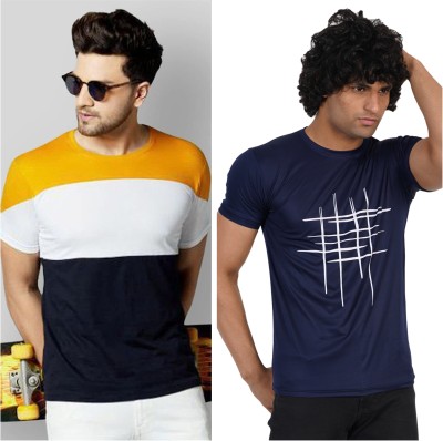 Jaqque Printed Men Round Neck Yellow, Dark Blue T-Shirt