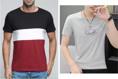 Jaqque Colorblock Men Round Neck Maroon, Grey T-Shirt