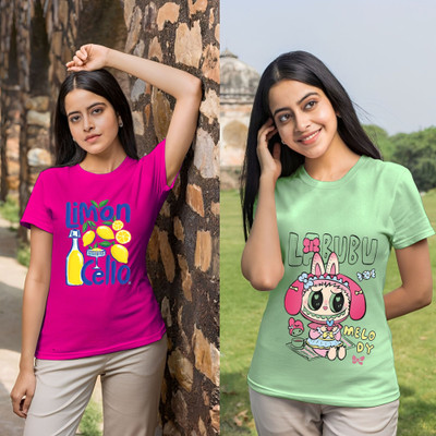 Lecowar Graphic Print Women Round Neck Pink, Green T-Shirt