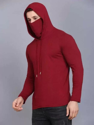 Silcoba Solid Men Hooded Neck Maroon T-Shirt