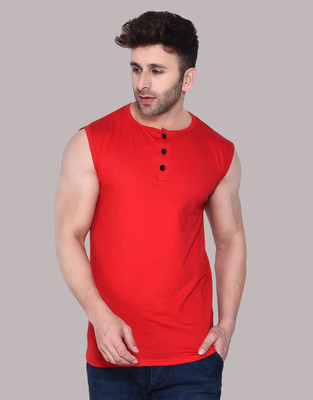 GEUM Solid Men Henley Neck Red T-Shirt