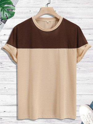 MIMID Colorblock Men Round Neck Brown T-Shirt