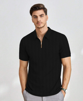 SARDAR CREATION Self Design Men Zip Neck Black T-Shirt