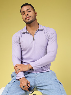 RIGO Solid Men High Neck Purple T-Shirt