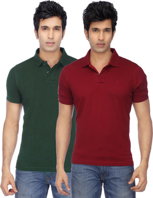 KETEX Solid Men Polo Neck Green, Maroon T-Shirt