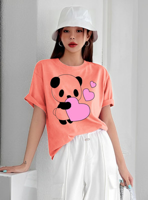 Lecowar Printed Women Round Neck Pink, Orange T-Shirt