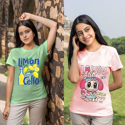 Lecowar Printed Women Round Neck Green, Pink T-Shirt