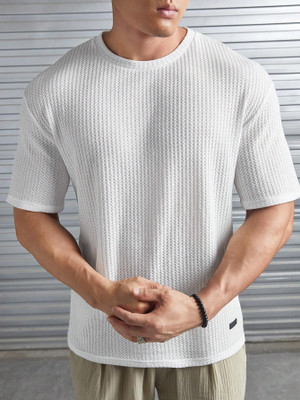 MSA Self Design Men Round Neck White T-Shirt
