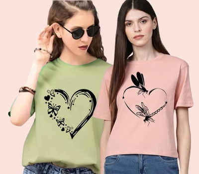 Lecowar Fashion Printed Women Round Neck Green, Pink T-Shirt