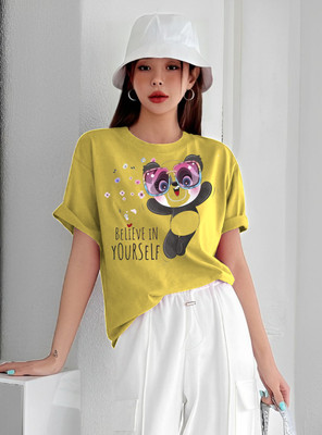 Lecowar Printed Women Round Neck Yellow T-Shirt