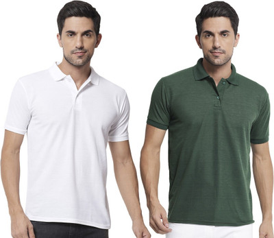 ACENTEO Solid Men Polo Neck Dark Green, White T-Shirt