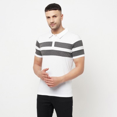 GLITO Striped Men Polo Neck White T-Shirt