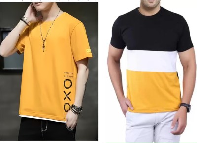 Jaqque Printed Men Round Neck Yellow, Black T-Shirt