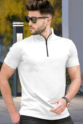 TRIPR Solid Men Mandarin Collar White T-Shirt