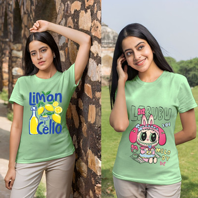 Lecowar Graphic Print Women Round Neck Green T-Shirt