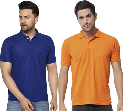 ACENTEO Solid Men Polo Neck Blue, Orange T-Shirt
