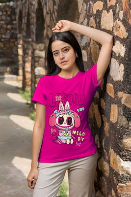Kasendra Printed Women Round Neck Pink T-Shirt