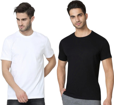 Solid Men White, Black T-Shirt