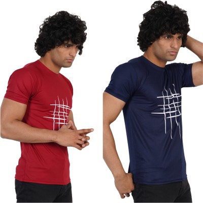 Meetri Striped Men Round Neck Maroon, Dark Blue T-Shirt