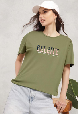 MACK JONNEY Printed Women Round Neck Green T-Shirt