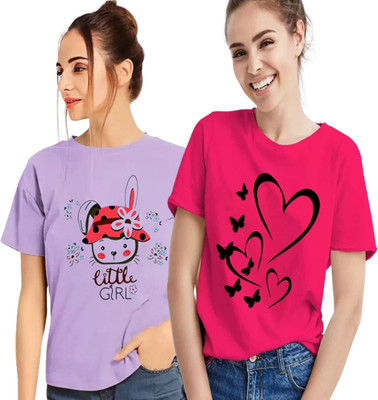 Printed Women Purple, Pink T-Shirt(Pack of 2)
