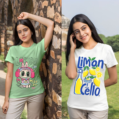 Lecowar Printed, Graphic Print Women Round Neck Green, White T-Shirt