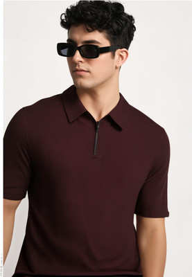 MACK JONNEY Self Design Men Polo Neck Maroon T-Shirt