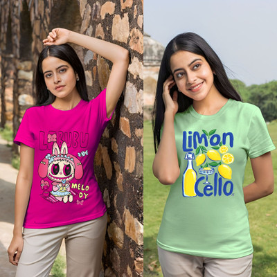 Lecowar Printed Women Round Neck Pink, Green T-Shirt